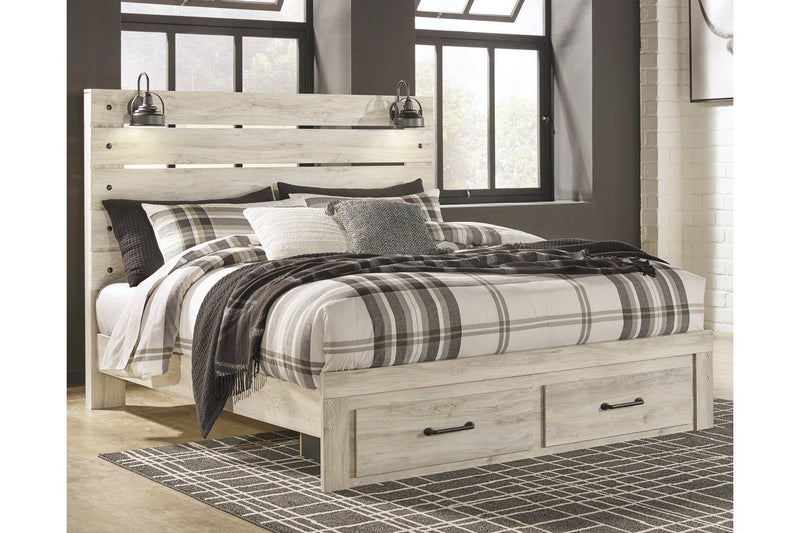 Cambeck Whitewash King Panel Bed with 2 Storage Drawers - Lara FurnitureKing Bed