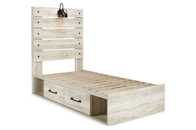 Cambeck Whitewash Twin Panel Bed with 2 Storage Drawers - Lara FurnitureTwin Bed