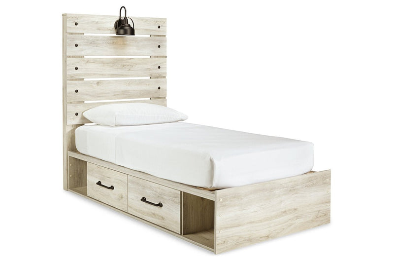 Cambeck Whitewash Twin Panel Bed with 2 Storage Drawers - Lara FurnitureTwin Bed