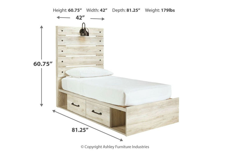 Cambeck Whitewash Twin Panel Bed with 2 Storage Drawers - Lara FurnitureTwin Bed