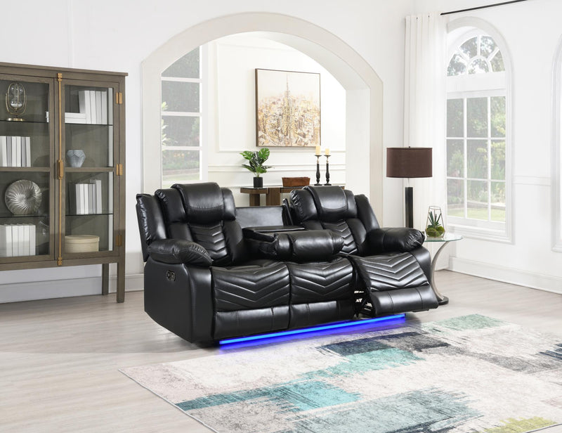 Cassio - Black Power Recliner Sofa with Drop-Down Table, Built-in LED Light, Cup Holder, USB Charger - L665-S