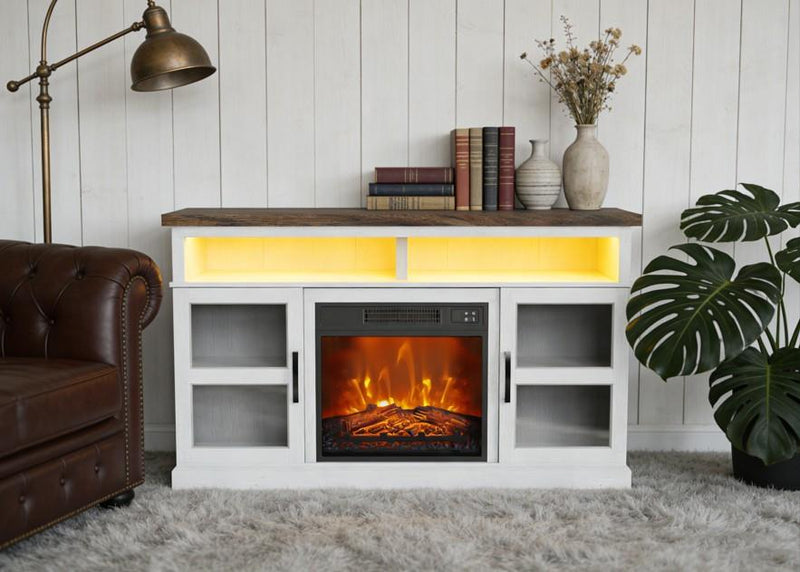 Castriel - White TV Stand with Electric Fireplace, LED Energy Saving Technology, Flame Brightness Adjustable, Temperature Adjustable and Timer Function with Automatic Shut-off. - W315