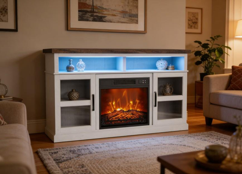 Castriel - White TV Stand with Electric Fireplace, LED Energy Saving Technology, Flame Brightness Adjustable, Temperature Adjustable and Timer Function with Automatic Shut-off. - W316