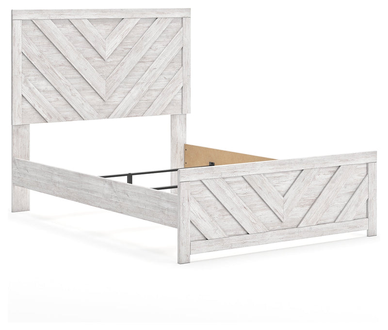 Cayboni Full Panel Bed with Mirrored Dresser, Chest and Nightstand in Whitewash - PKG016595