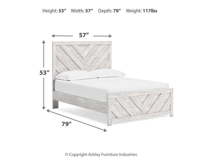 Cayboni Full Panel Bed with Mirrored Dresser, Chest and Nightstand in Whitewash - PKG016595