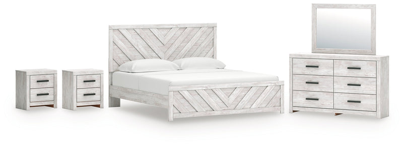 Cayboni King Panel Bed with Mirrored Dresser and 2 Nightstands in Whitewash from Ashley - Lara Furniture
