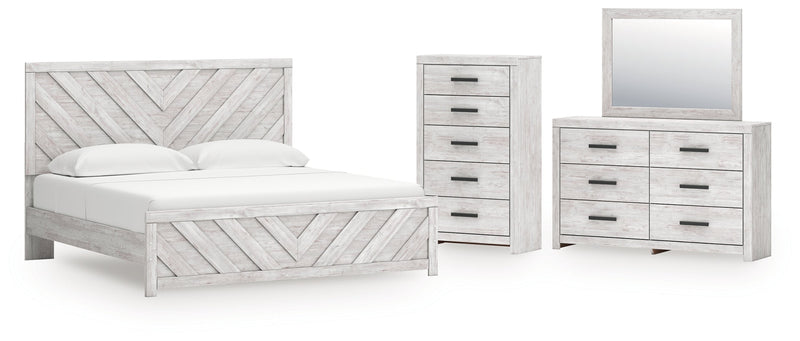 Cayboni King Panel Bed with Mirrored Dresser and Chest in Whitewash from Ashley - Lara Furniture