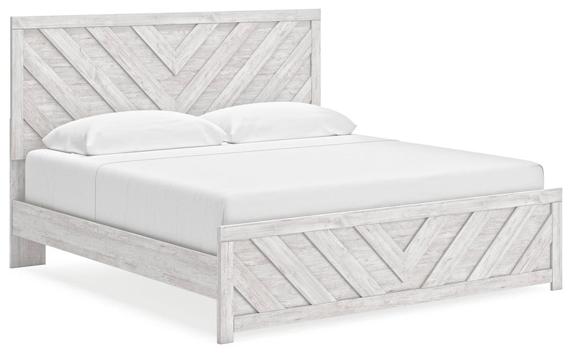 Cayboni King Panel Bed with Mirrored Dresser and Chest in Whitewash from Ashley - Lara Furniture