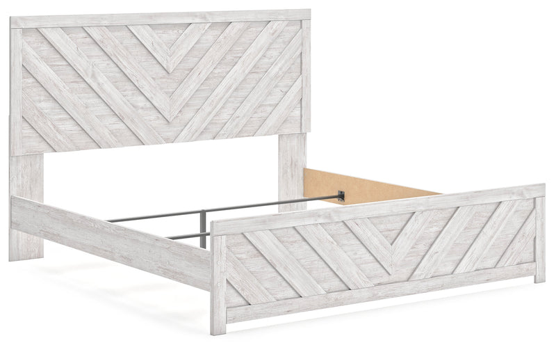 Cayboni King Panel Bed with Mirrored Dresser and Chest in Whitewash from Ashley - Lara Furniture
