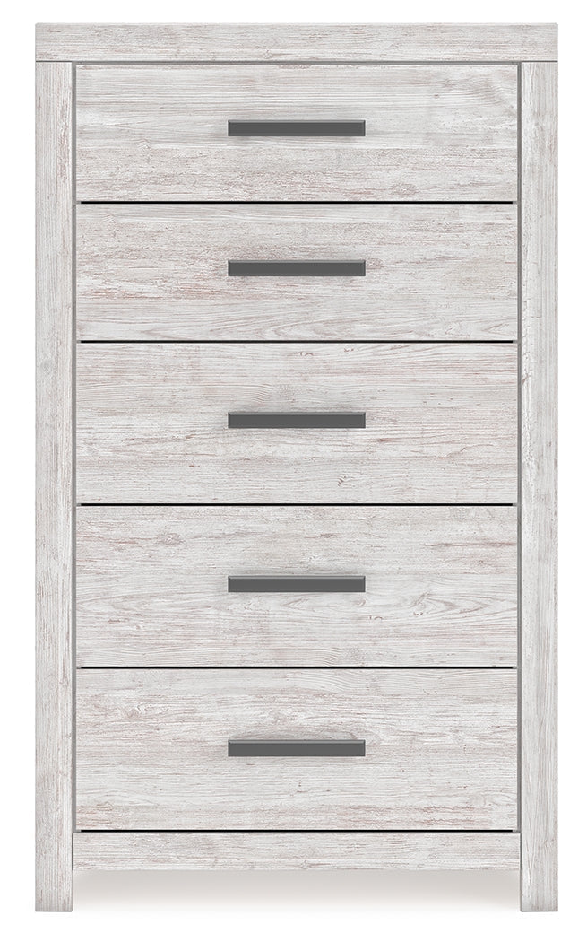 Cayboni King Panel Bed with Mirrored Dresser, Chest and Nightstand in Whitewash from Ashley - Lara Furniture