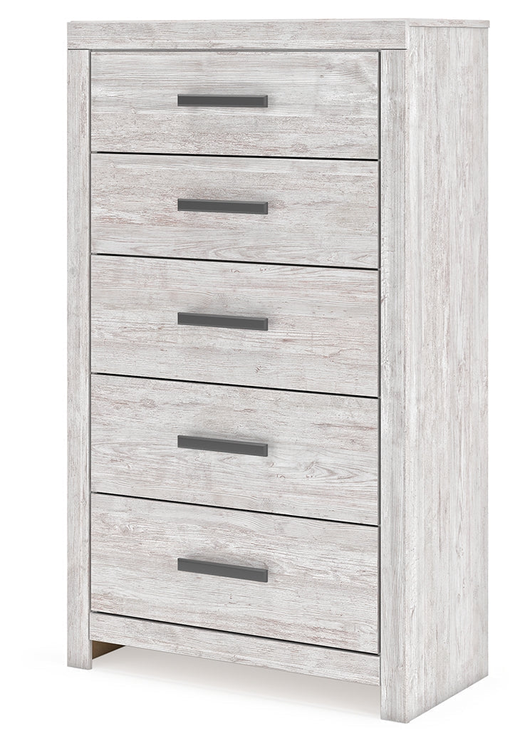 Cayboni King Panel Bed with Mirrored Dresser, Chest and Nightstand in Whitewash from Ashley - Lara Furniture