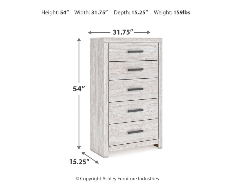 Cayboni King Panel Bed with Mirrored Dresser, Chest and Nightstand in Whitewash from Ashley - Lara Furniture