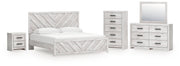 Cayboni King Panel Bed with Mirrored Dresser, Chest and Nightstand in Whitewash from Ashley - Lara Furniture