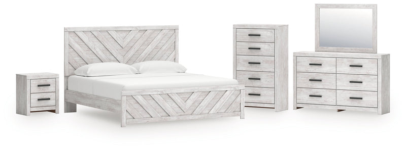 Cayboni King Panel Bed with Mirrored Dresser, Chest and Nightstand in Whitewash from Ashley - Lara Furniture