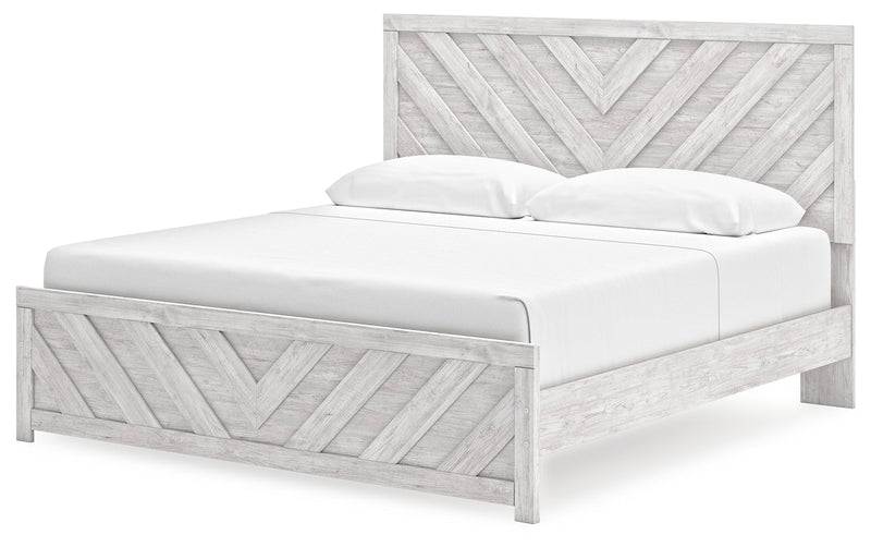 Cayboni King Panel Bed with Mirrored Dresser, Chest and Nightstand in Whitewash from Ashley - Lara Furniture