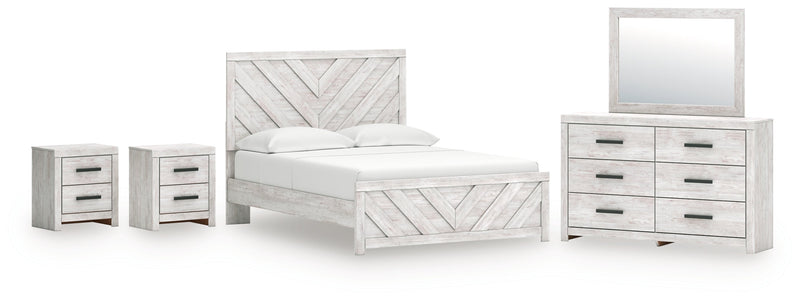 Cayboni Queen Panel Bed with Mirrored Dresser and 2 Nightstands in Whitewash from Ashley - Lara Furniture