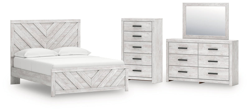 Cayboni Queen Panel Bed with Mirrored Dresser and Chest in Whitewash from Ashley - Lara Furniture