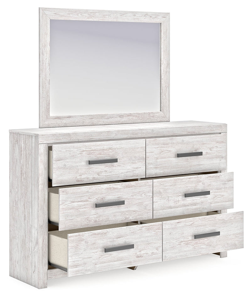 Cayboni Queen Panel Bed with Mirrored Dresser and Chest in Whitewash from Ashley - Lara Furniture