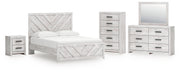 Cayboni Queen Panel Bed with Mirrored Dresser, Chest and Nightstand in Whitewash from Ashley - Lara Furniture
