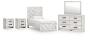 Cayboni Twin Panel Bed with Mirrored Dresser and 2 Nightstands in Whitewash from Ashley - Lara Furniture