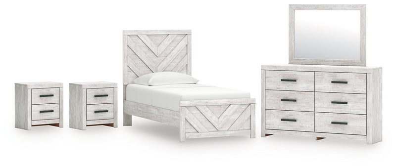 Cayboni Twin Panel Bed with Mirrored Dresser and 2 Nightstands in Whitewash from Ashley - Lara Furniture