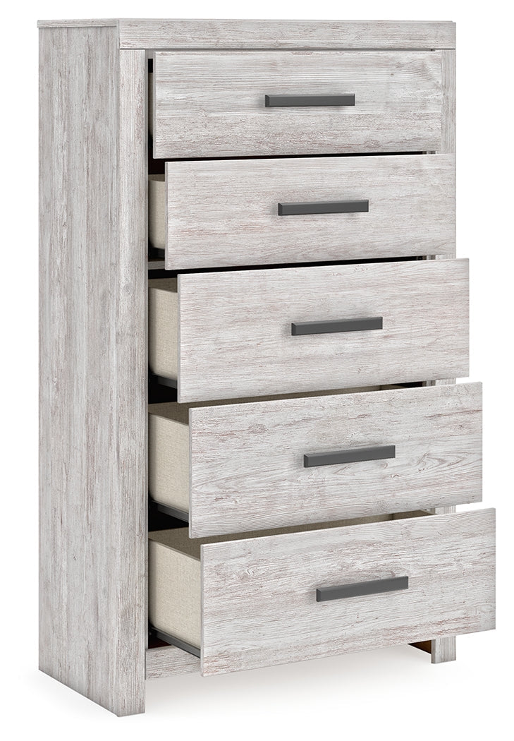 Cayboni Twin Panel Bed with Mirrored Dresser and Chest in Whitewash from Ashley - Lara Furniture