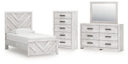 Cayboni Twin Panel Bed with Mirrored Dresser and Chest in Whitewash from Ashley - Lara Furniture