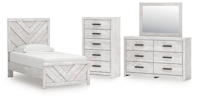 Cayboni Twin Panel Bed with Mirrored Dresser and Chest in Whitewash from Ashley - Lara Furniture