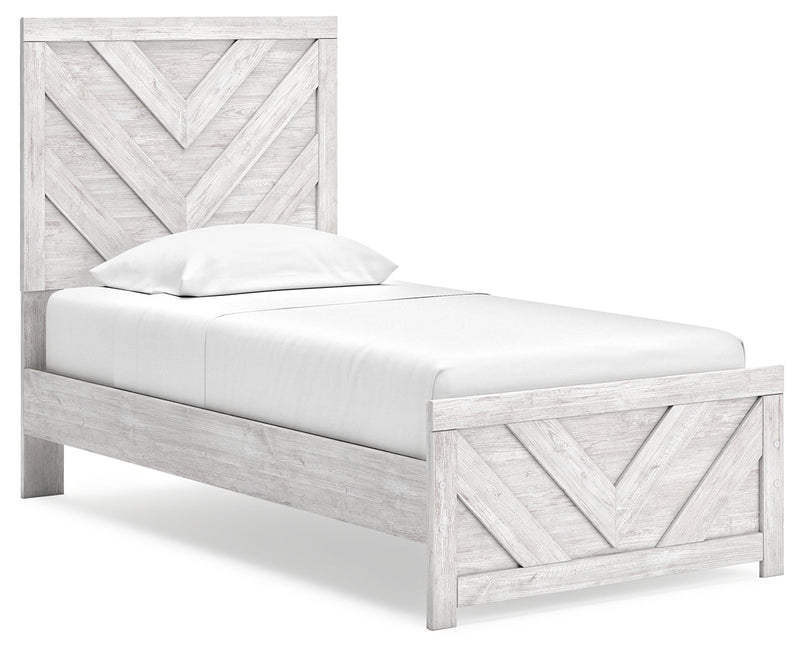 Cayboni Twin Panel Bed with Mirrored Dresser and Chest in Whitewash from Ashley - Lara Furniture