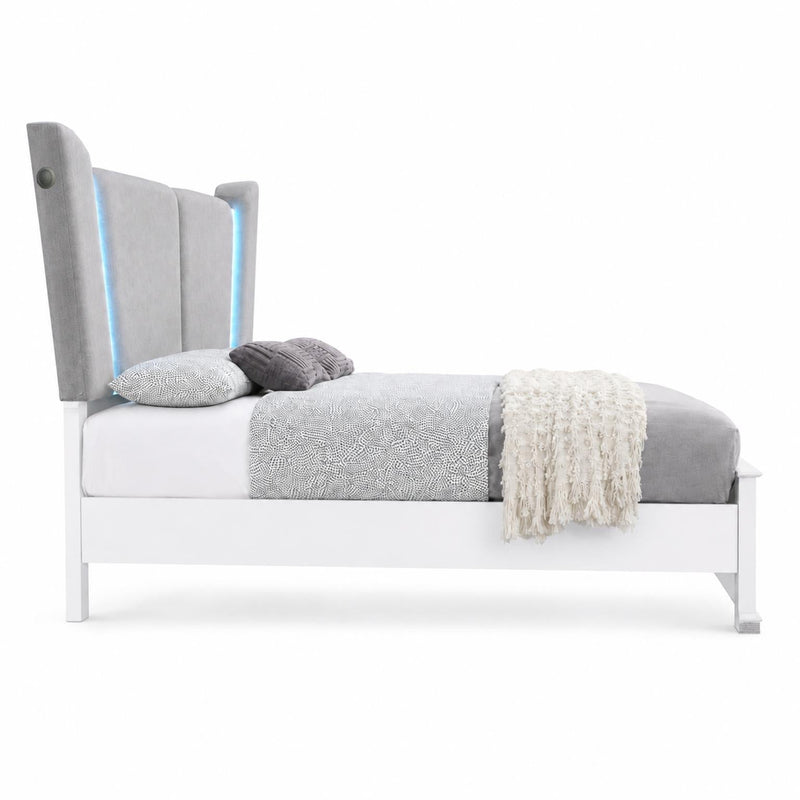 Cedar - White Panel King Bed with Upholstered Headboard, Bluetooth Speaker and LED Light - B270-K-Bed