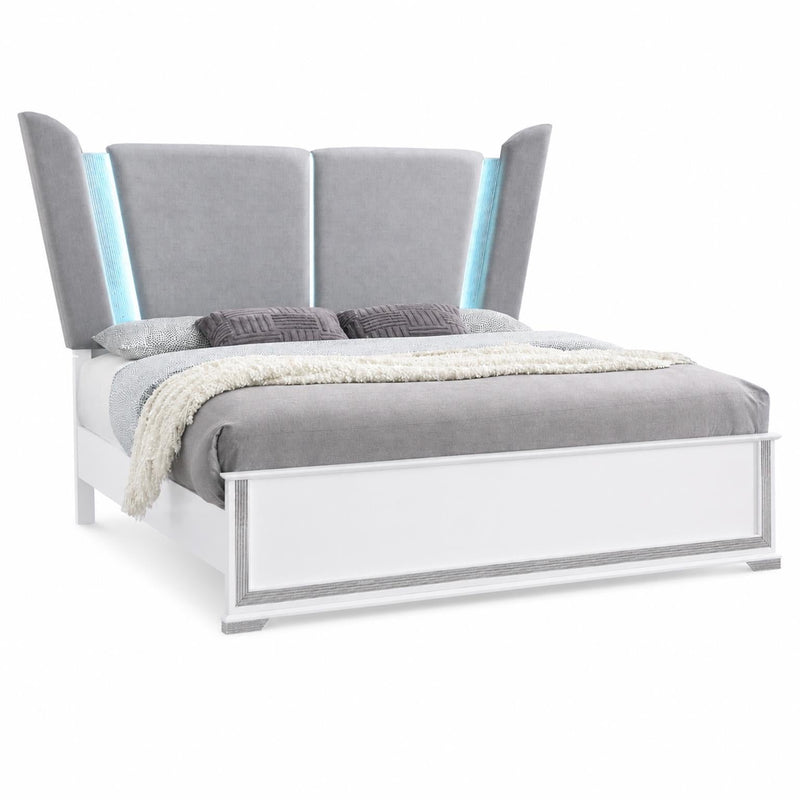Cedar - White Panel Queen Bed with Upholstered Headboard, Bluetooth Speaker and LED Light - B270-Q-Bed
