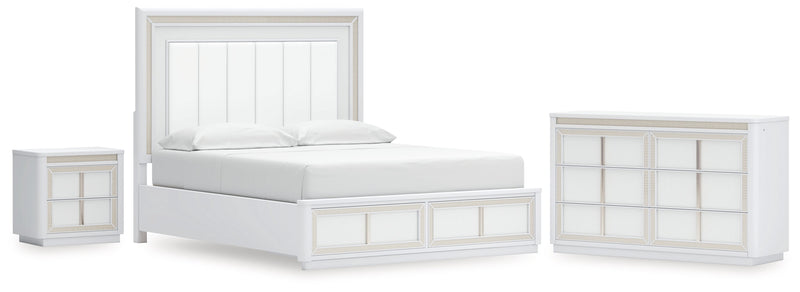 Chalanna California King Upholstered Storage Bed with Dresser and Nightstand in White from Ashley - Lara Furniture