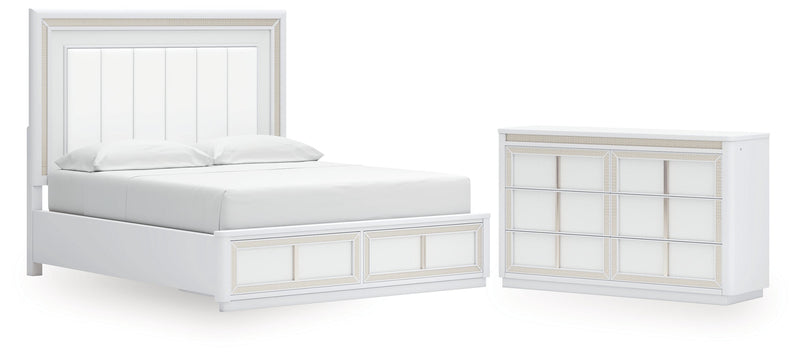 Chalanna California King Upholstered Storage Bed with Dresser in White from Ashley - Lara Furniture