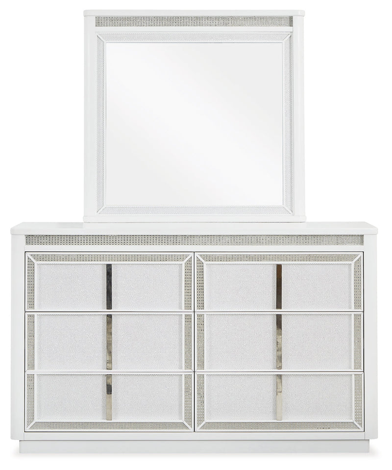 Chalanna California King Upholstered Storage Bed with Mirrored Dresser and 2 Nightstands in White from Ashley - Lara Furniture