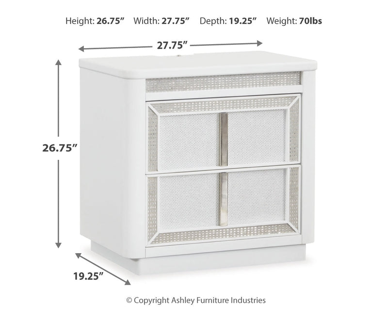 Chalanna California King Upholstered Storage Bed with Mirrored Dresser and 2 Nightstands in White from Ashley - Lara Furniture