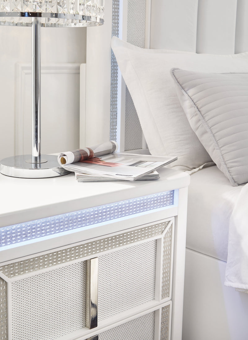 Chalanna California King Upholstered Storage Bed with Mirrored Dresser and 2 Nightstands in White from Ashley - Lara Furniture