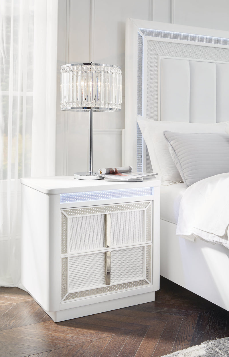 Chalanna California King Upholstered Storage Bed with Mirrored Dresser and 2 Nightstands in White from Ashley - Lara Furniture