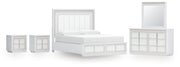 Chalanna California King Upholstered Storage Bed with Mirrored Dresser and 2 Nightstands in White from Ashley - Lara Furniture