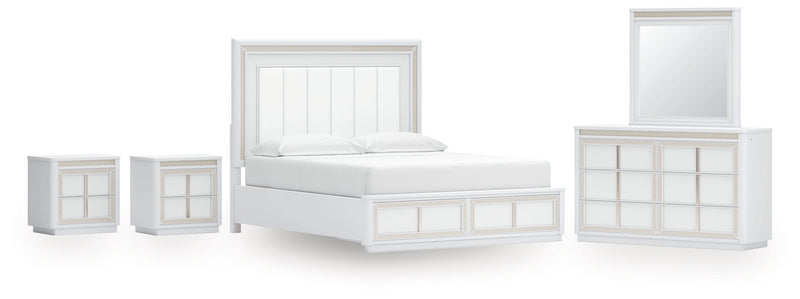 Chalanna California King Upholstered Storage Bed with Mirrored Dresser and 2 Nightstands in White from Ashley - Lara Furniture
