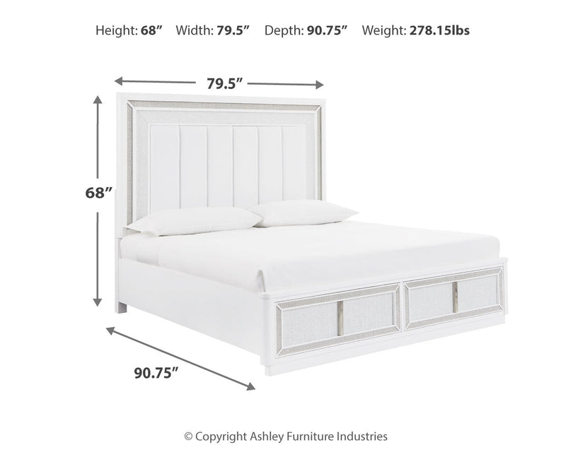 Chalanna California King Upholstered Storage Bed with Mirrored Dresser and 2 Nightstands in White from Ashley - Lara Furniture