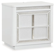 Chalanna California King Upholstered Storage Bed with Mirrored Dresser and 2 Nightstands in White from Ashley - Lara Furniture