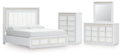 Chalanna California King Upholstered Storage Bed with Mirrored Dresser and Chest in White from Ashley - Lara Furniture