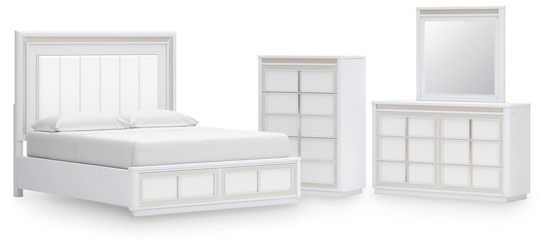Chalanna California King Upholstered Storage Bed with Mirrored Dresser and Chest in White from Ashley - Lara Furniture