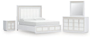 Chalanna California King Upholstered Storage Bed with Mirrored Dresser and Nightstand in White from Ashley - Lara Furniture