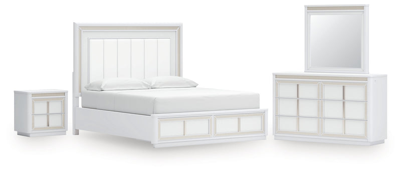 Chalanna California King Upholstered Storage Bed with Mirrored Dresser and Nightstand in White from Ashley - Lara Furniture