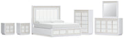 Chalanna California King Upholstered Storage Bed with Mirrored Dresser, Chest and 2 Nightstands in White from Ashley - Lara Furniture