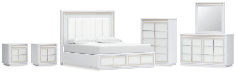 Chalanna California King Upholstered Storage Bed with Mirrored Dresser, Chest and 2 Nightstands in White from Ashley - Lara Furniture