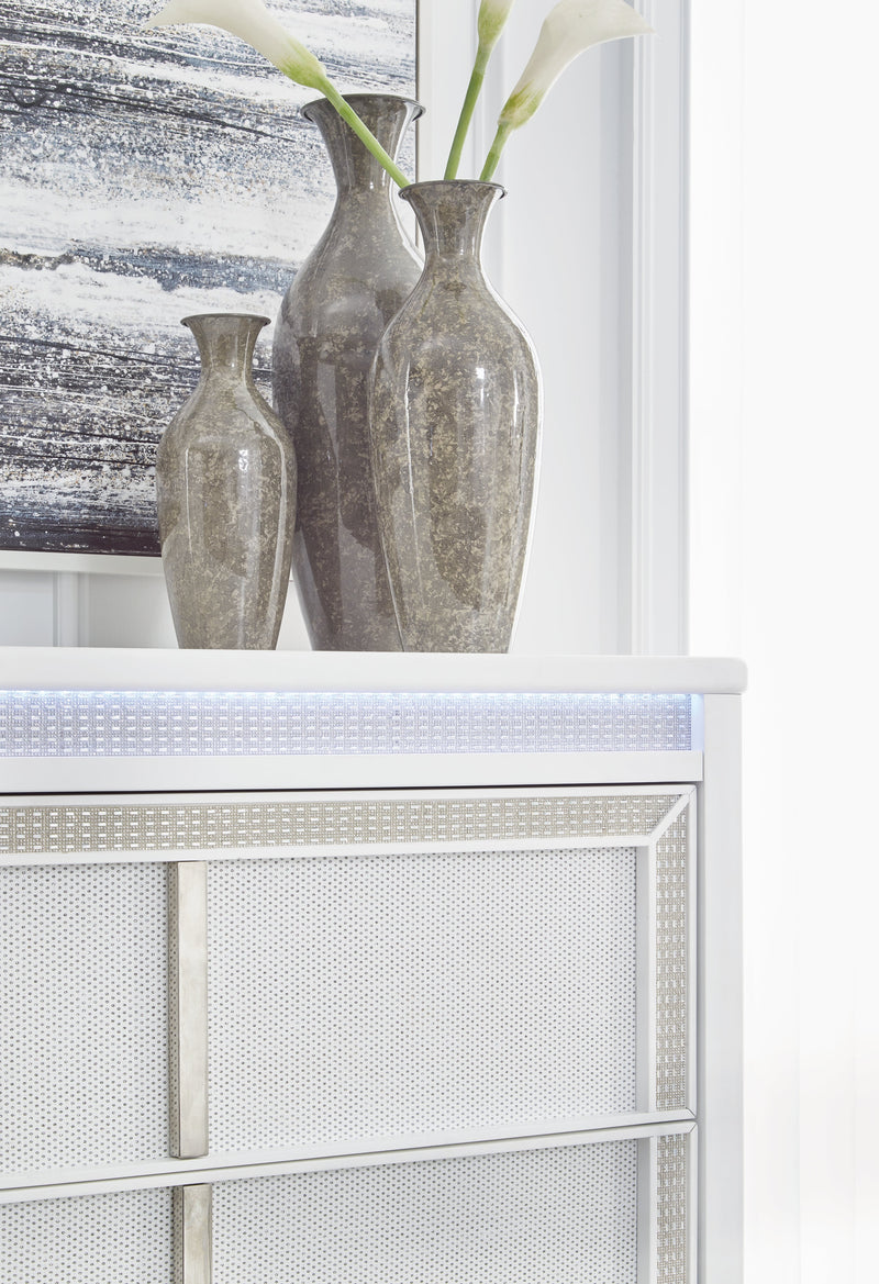 Chalanna California King Upholstered Storage Bed with Mirrored Dresser, Chest and 2 Nightstands in White from Ashley - Lara Furniture