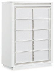 Chalanna California King Upholstered Storage Bed with Mirrored Dresser, Chest and 2 Nightstands in White from Ashley - Lara Furniture