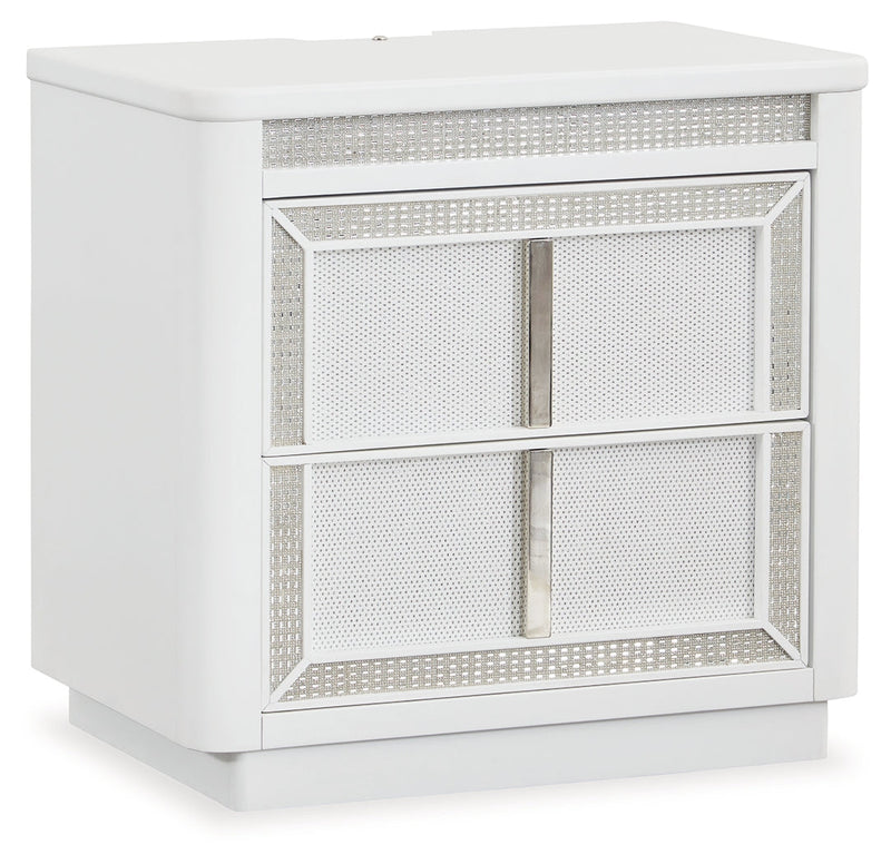 Chalanna California King Upholstered Storage Bed with Mirrored Dresser, Chest and Nightstand in White from Ashley - Lara Furniture
